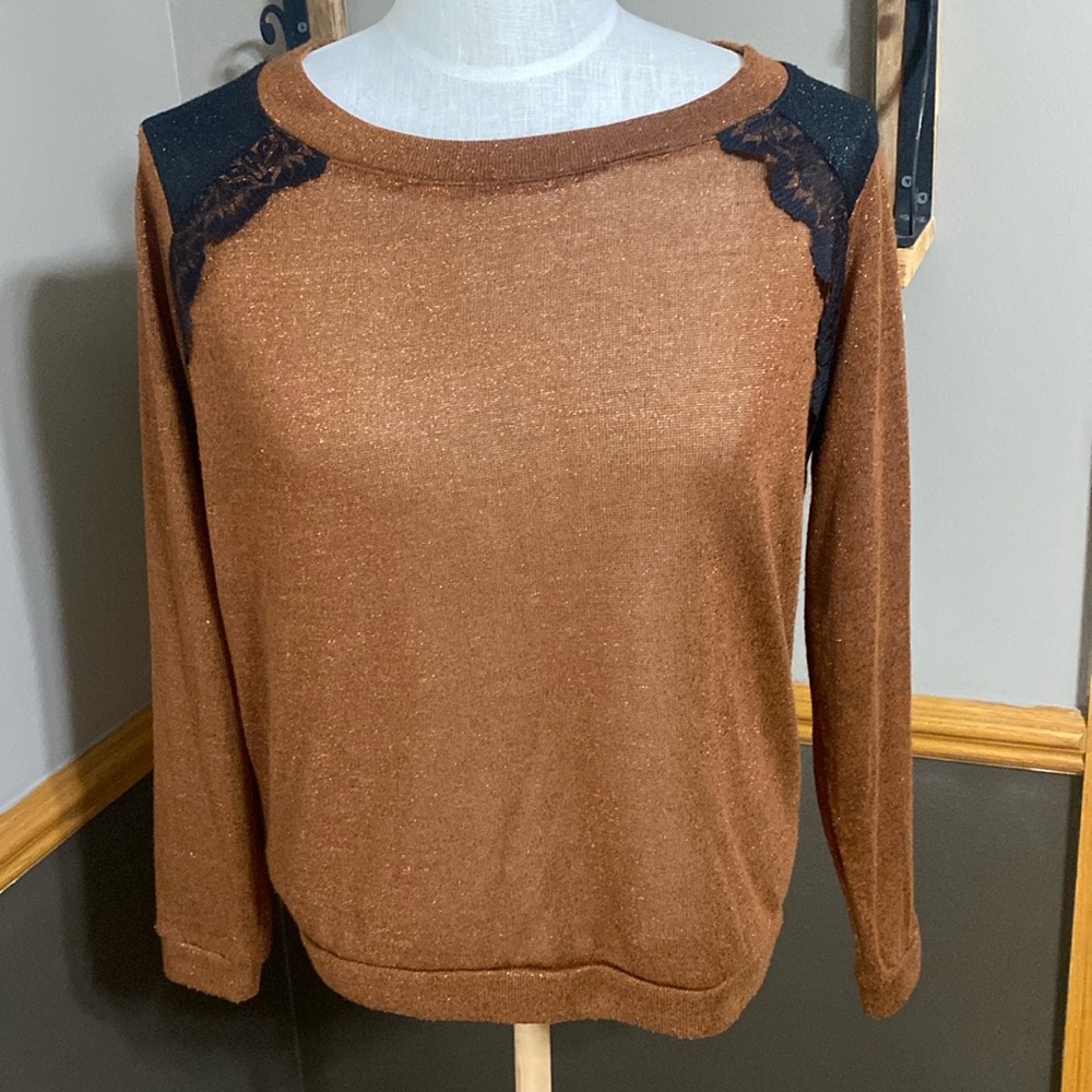 Awake couture bronze sparkle black lace accents long sleeve top size medium